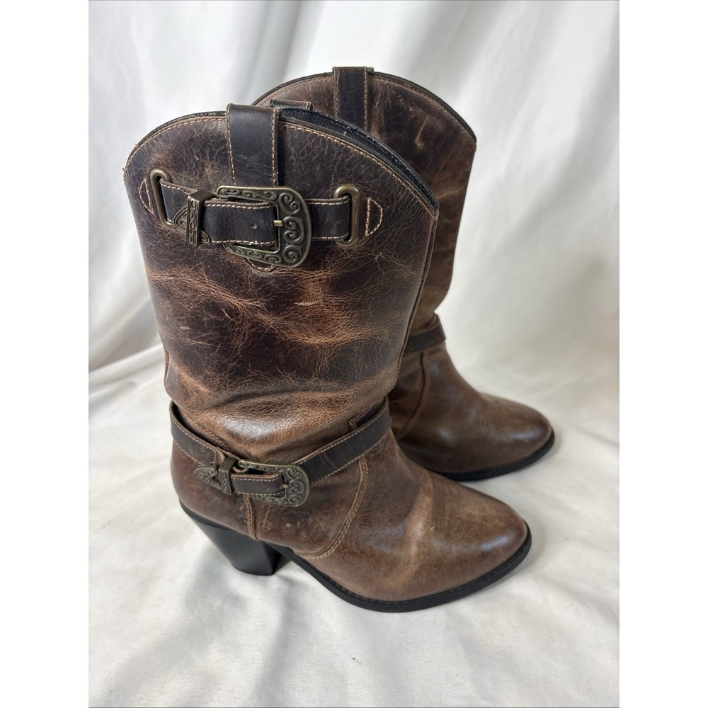 Dingo Women's Brown Leather Harness Western Boots Size 7 M Buckle Cowgirl - Picture 3 of 10